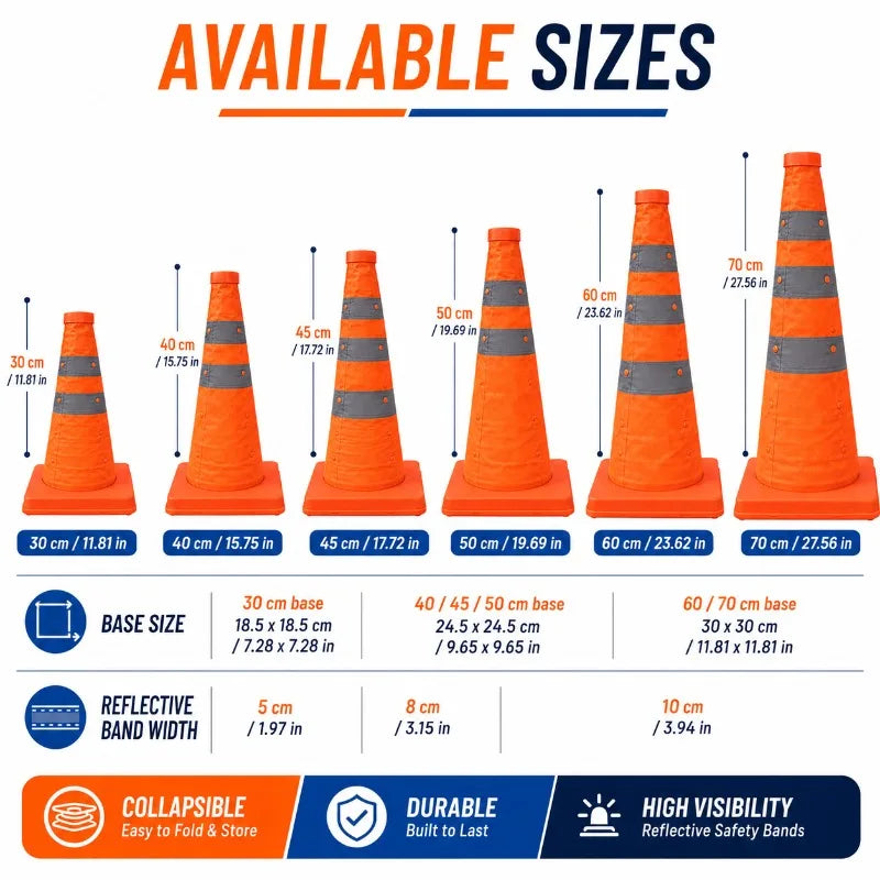 Collapsible Reflective Traffic Cone | Portable Safety 30–70cm Collapsible Safety Cone QXL