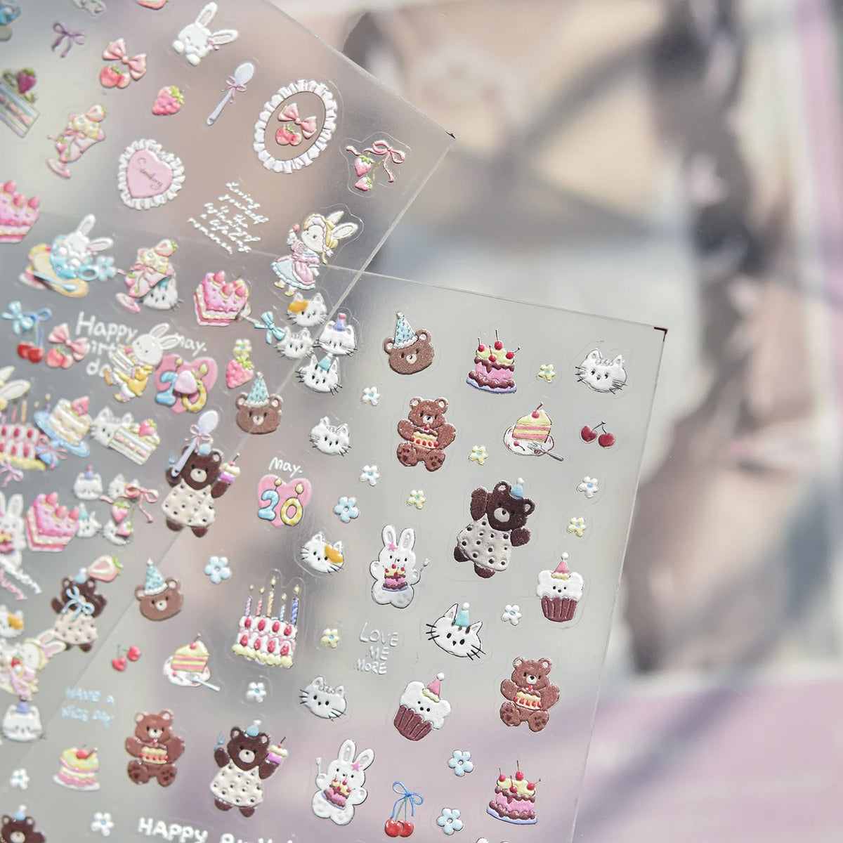 5D Cartoon Nail Stickers | Bear Panda Cat Moon Self-Adhesive Nail Art Stickers QXL
