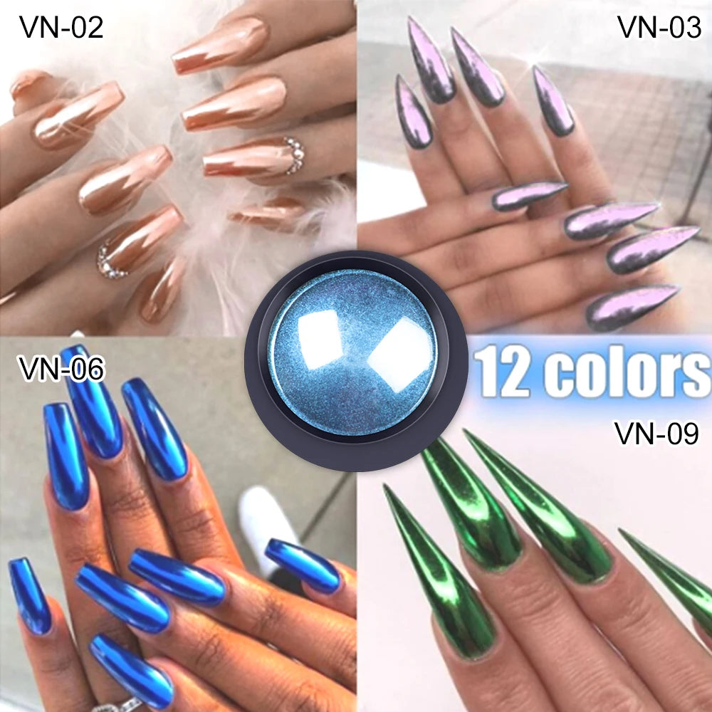 VERONNI 12-Color Chrome Nail Powder | Mirror Glitter Pigment Chrome Nail Powder QXL