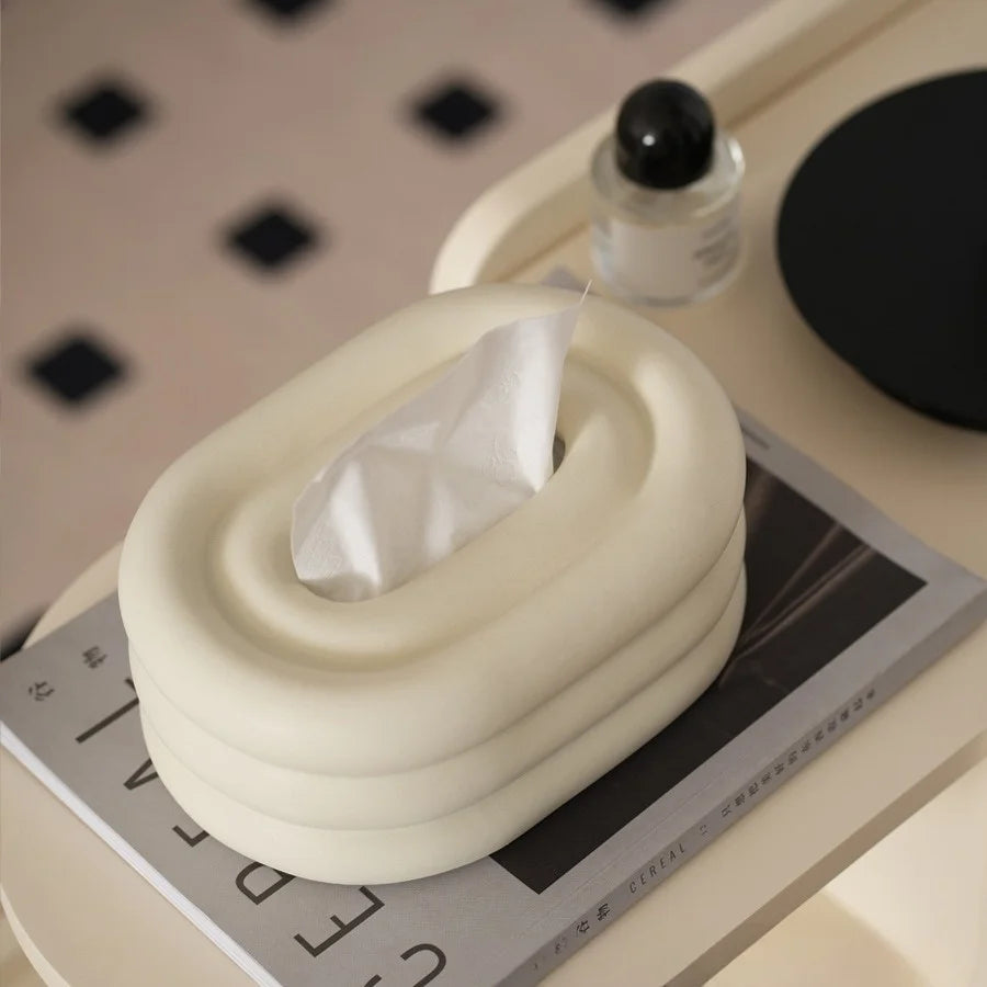 Ceramic Tissue Box Holder | Creamy Circular Desktop Organizer Ceramic Tissue Box QXL