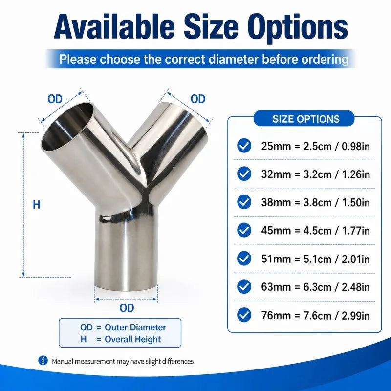 304 Stainless Steel Y-Type 3-Way Pipe Connector 25–76mm Pipe Tee Fitting QXL
