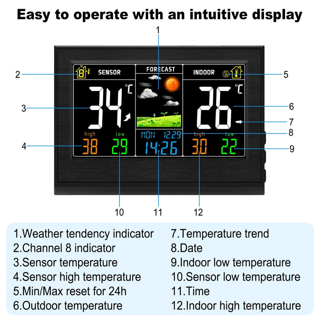 Wireless Color Weather Station | 8-Sensor Outdoor Thermometer Weather Station QXL