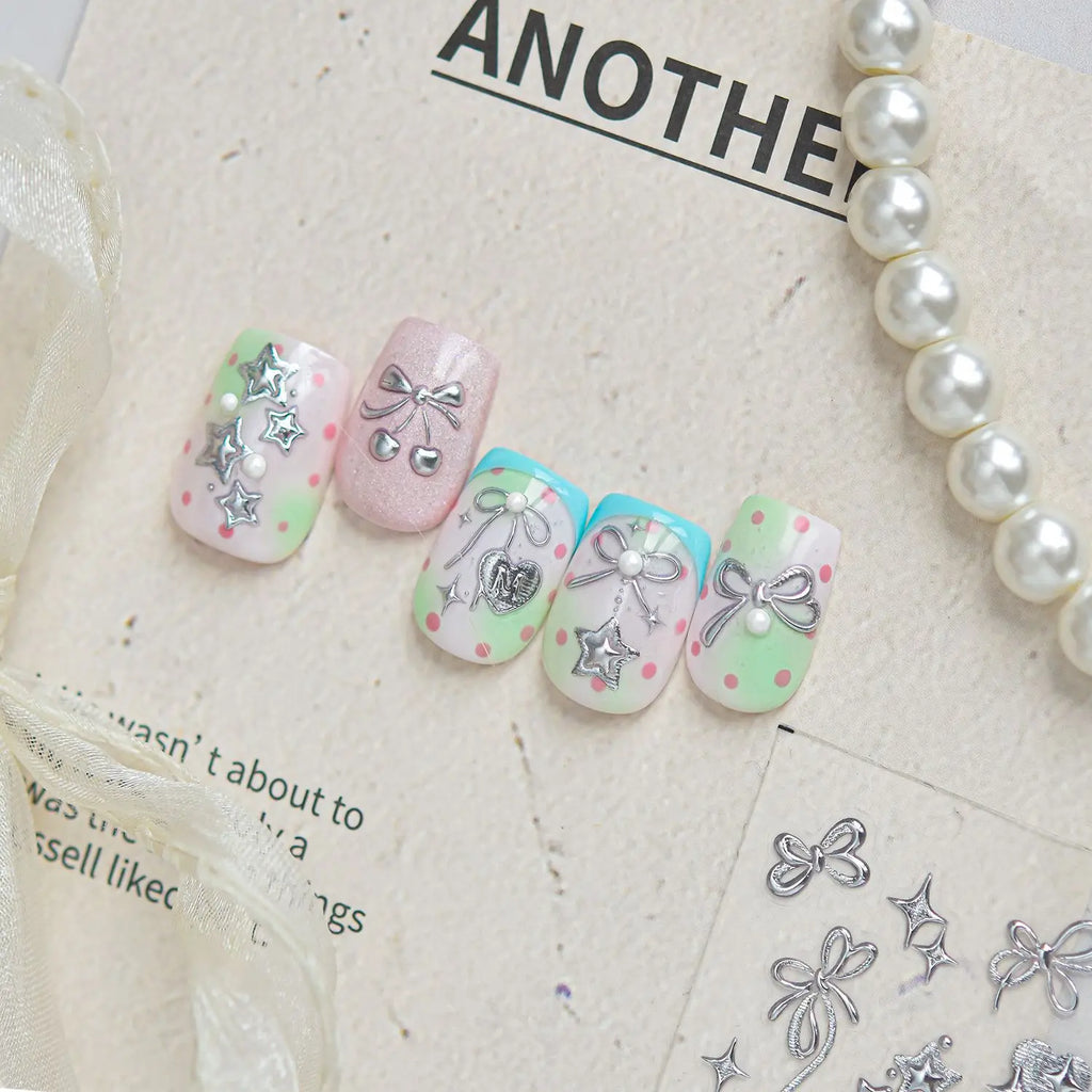 5D Metal Bow Nail Stickers – Star Heart Pearl Tassel Decals Nail Art Stickers QXL