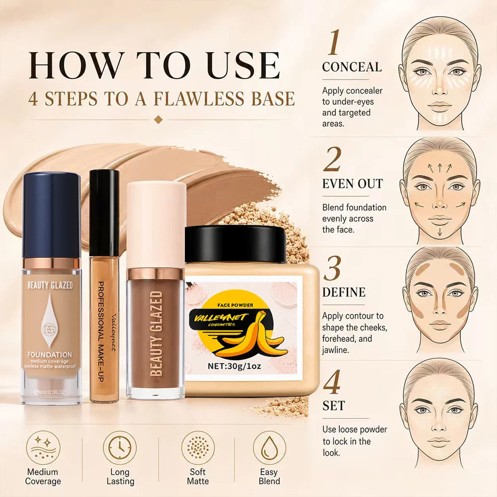 4-Piece Face Makeup Set | Foundation, Concealer, Contour & Powder Face Makeup Set QXL