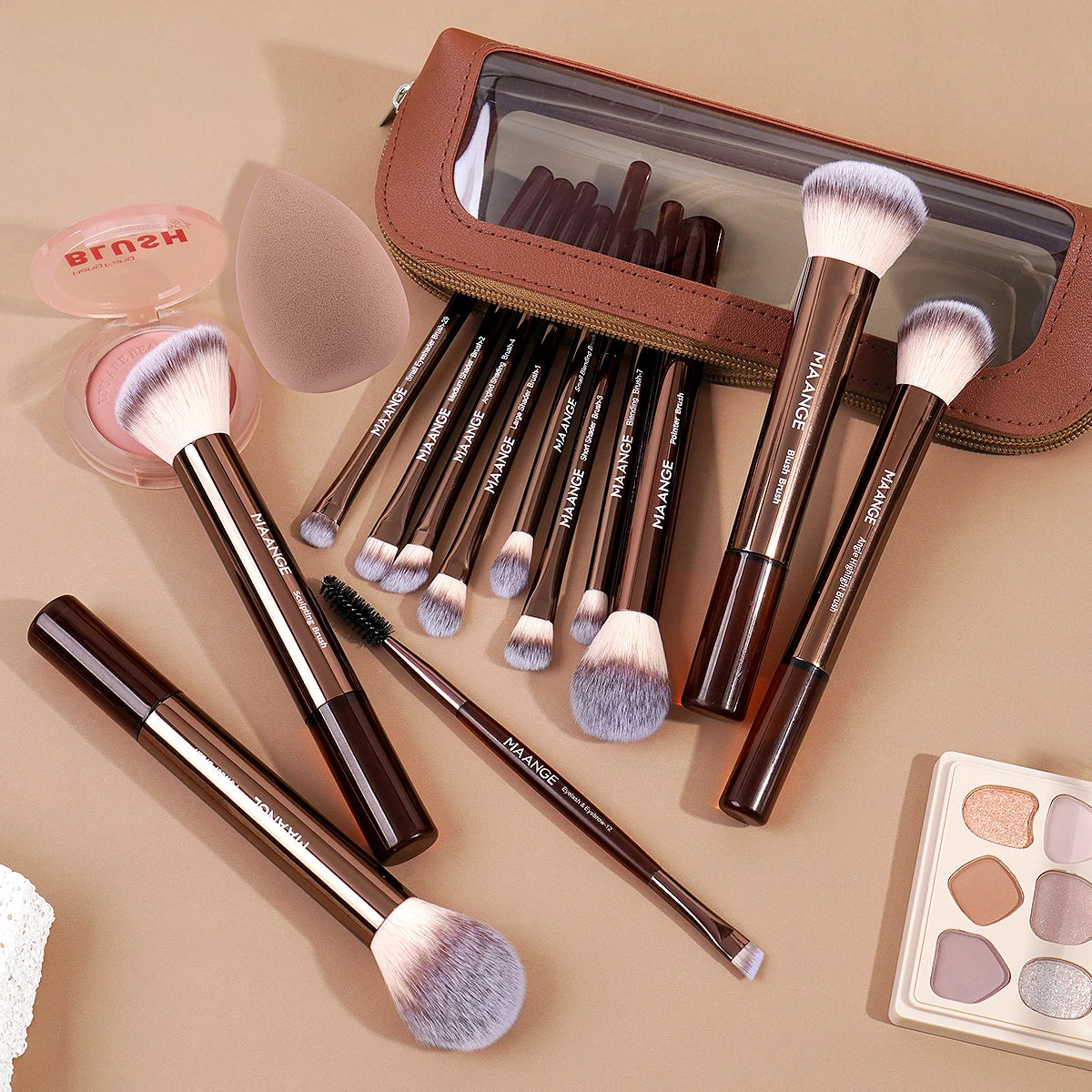 MAANGE 15-Pc Makeup Brush Set with Sponge Puff & Bag Makeup Brush Set QXL