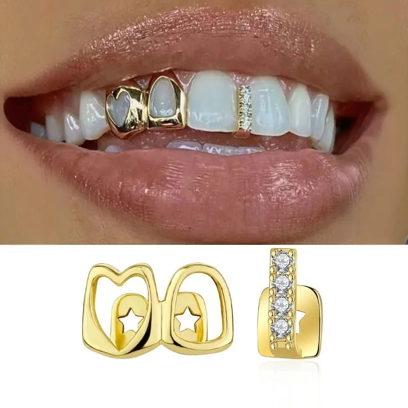 Hollow Heart Grillz Set | Gold & Silver Hip Hop Tooth Jewelry Hip Hop Grillz QXL