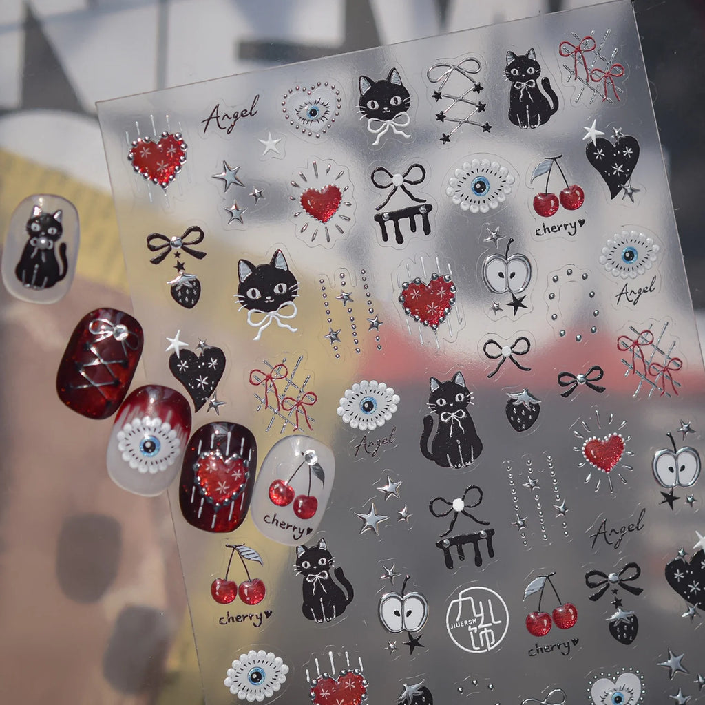 5D Nail Stickers – Black Cat Cherry Cartoon Self-Adhesive Decals Nail Art Stickers QXL
