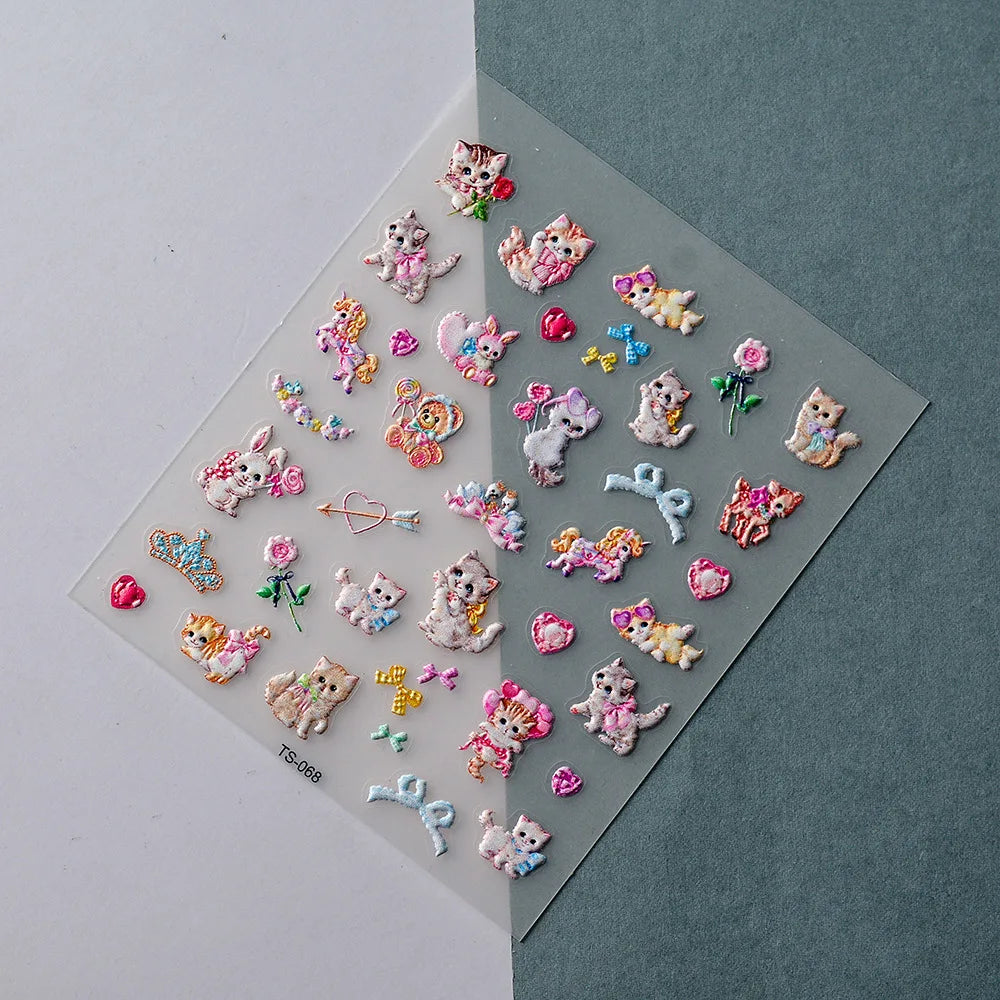 Kawaii 5D Nail Art Stickers | Bear Rabbit Cat Cartoon Decals Nail Art Stickers QXL