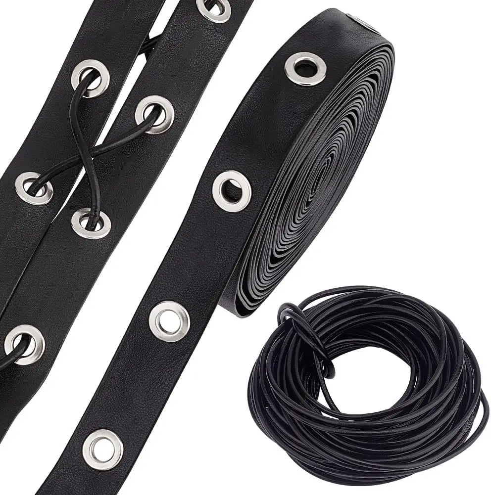 Black Leather Eyelet Grommet Tape 5 Yds + 10.9 Yd Cord Kit Eyelet Grommet Trim QXL AECH04-14716