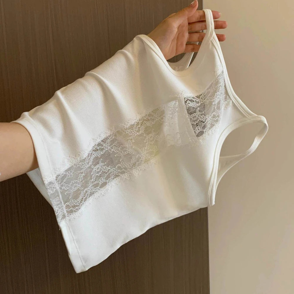 Ribbed Lace Cutout Padded Camisole | Cropped Knit Tank Top Padded Knit Camisole QXL