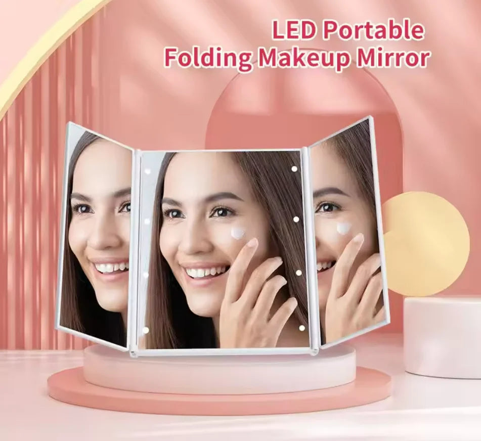 Portable LED Three-Sided Folding Makeup Mirror with Light Lighted Makeup Mirror QXL