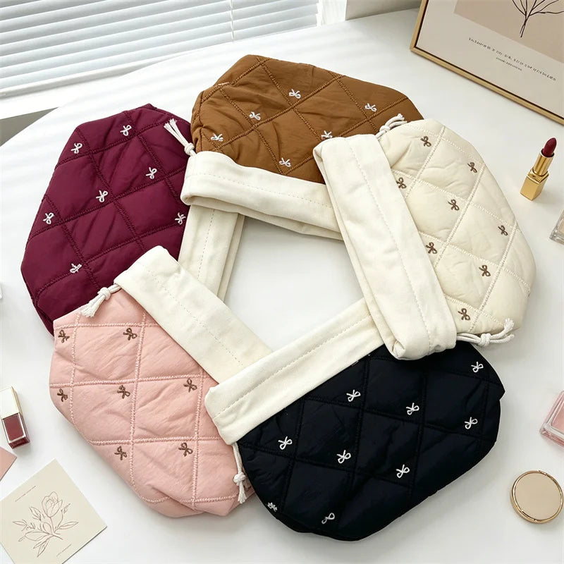 Quilted Drawstring Makeup Bag | Bow Embroidery Cosmetic Organizer Cosmetic Drawstring Bag QXL