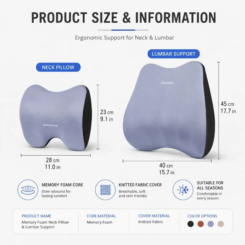 Memory Foam Car Neck Pillow & Lumbar Support Cushion Car Seat Cushion Set QXL
