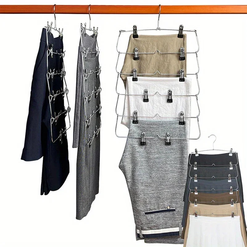 6-Tier Skirt & Pants Hanger with Clips | Space-Saving Closet Multi-Tier Clothes Hanger QXL