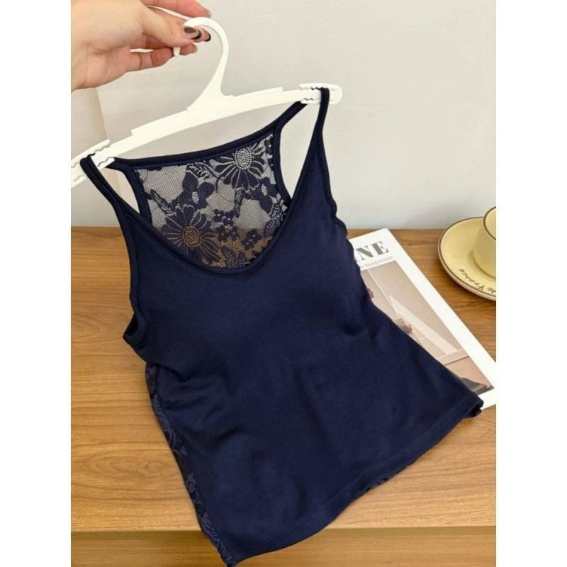 Women's Padded Ribbed Camisole | Built-In Bra Cropped Knit Top Ribbed Camisole Top QXL 8805Dark Navy Blue One Size