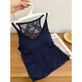 Women's Padded Ribbed Camisole | Built-In Bra Cropped Knit Top Ribbed Camisole Top QXL 8805Dark Navy Blue One Size