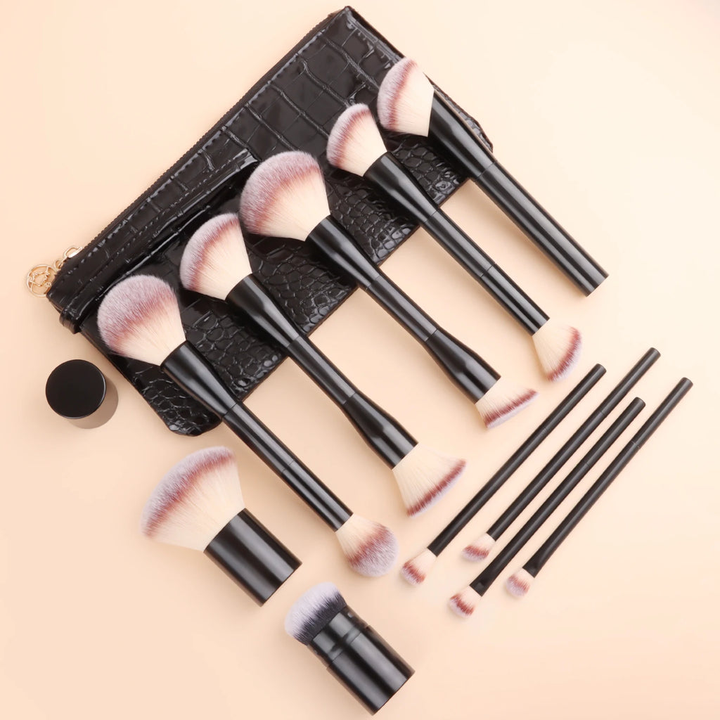 12-Pc Makeup Brush Set with Crocodile Pattern Storage Bag Makeup Brush Set QXL
