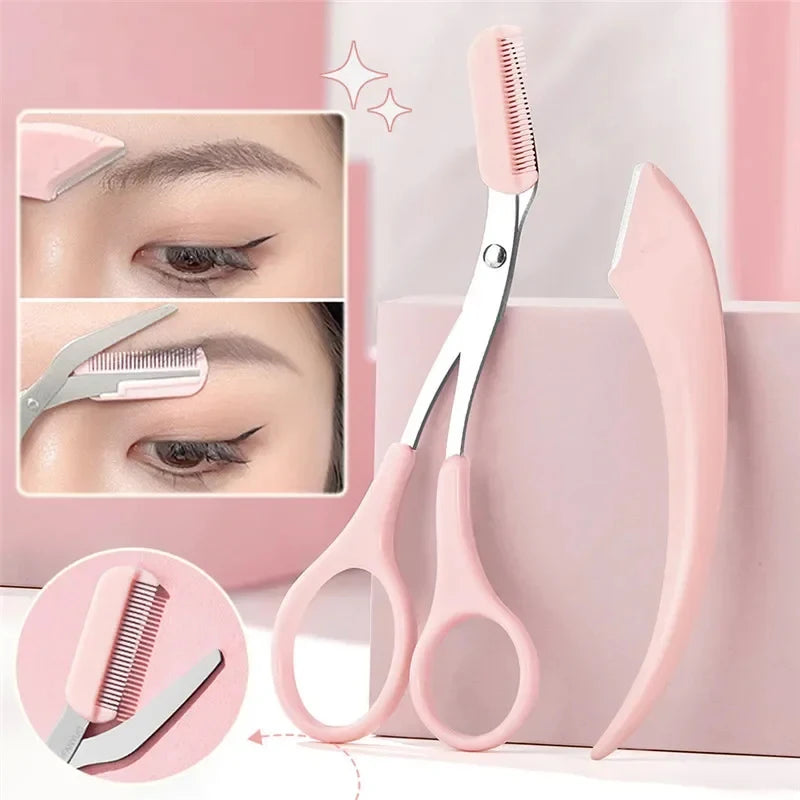 2-Pc Crescent Moon Eyebrow Trimmer & Scissors Set with Comb Eyebrow Trimmer Set QXL