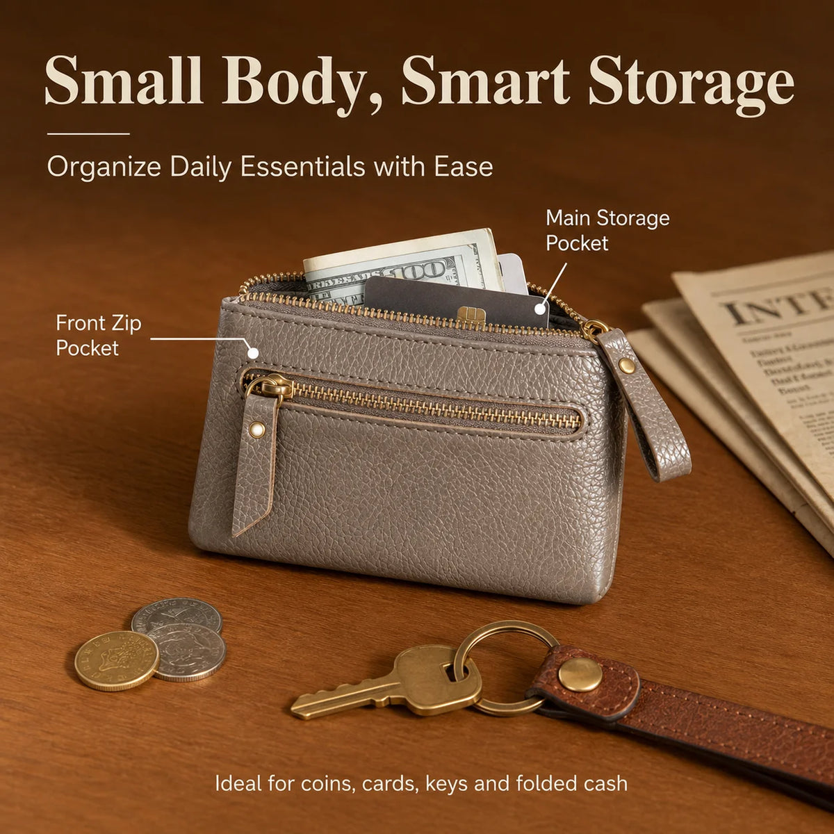 Mini Genuine Cowhide Leather Zipper Wallet | Women's Coin Purse Leather Coin Wallet QXL
