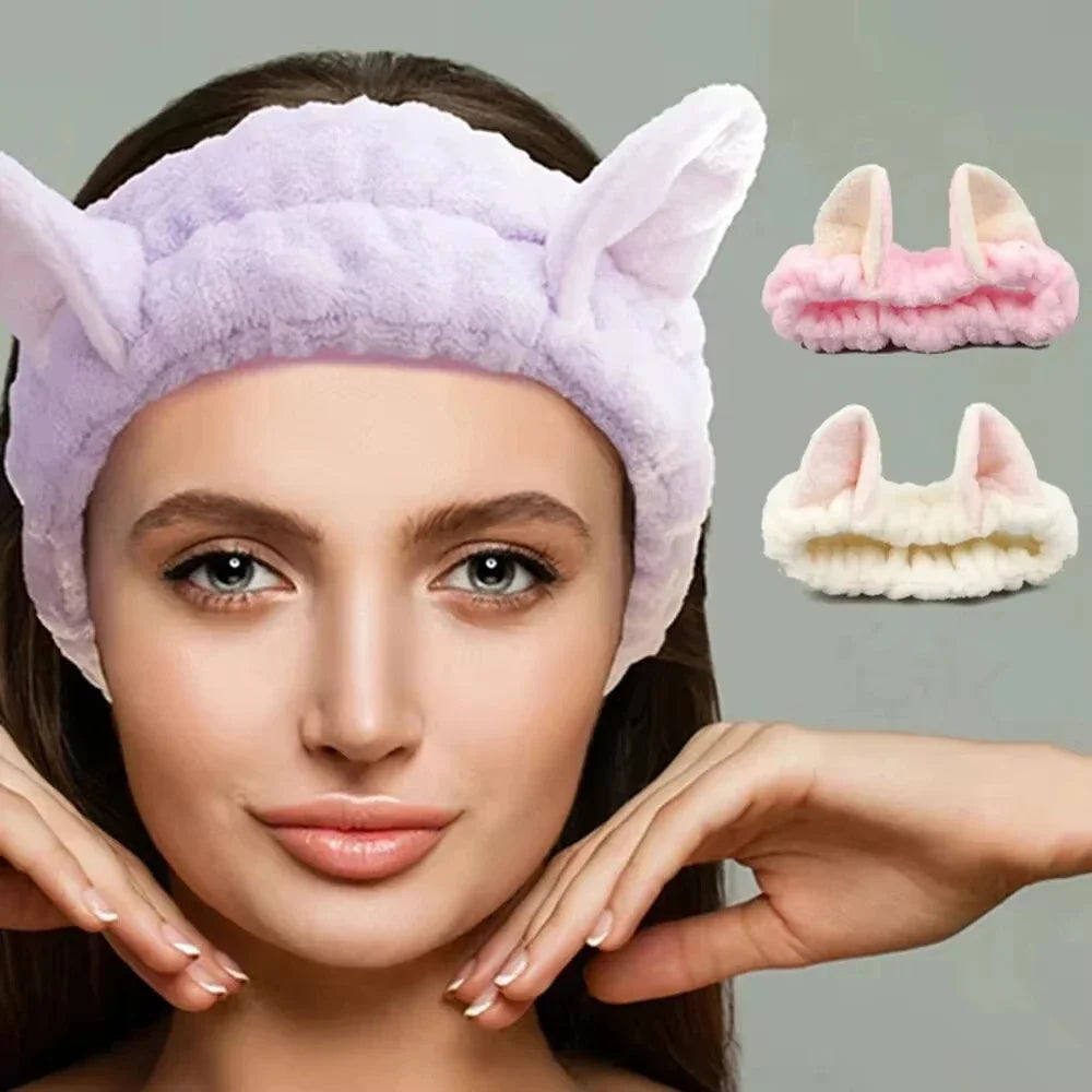 Coral Fleece Cat Ear Headband for Makeup & Face Washing Makeup Headband QXL