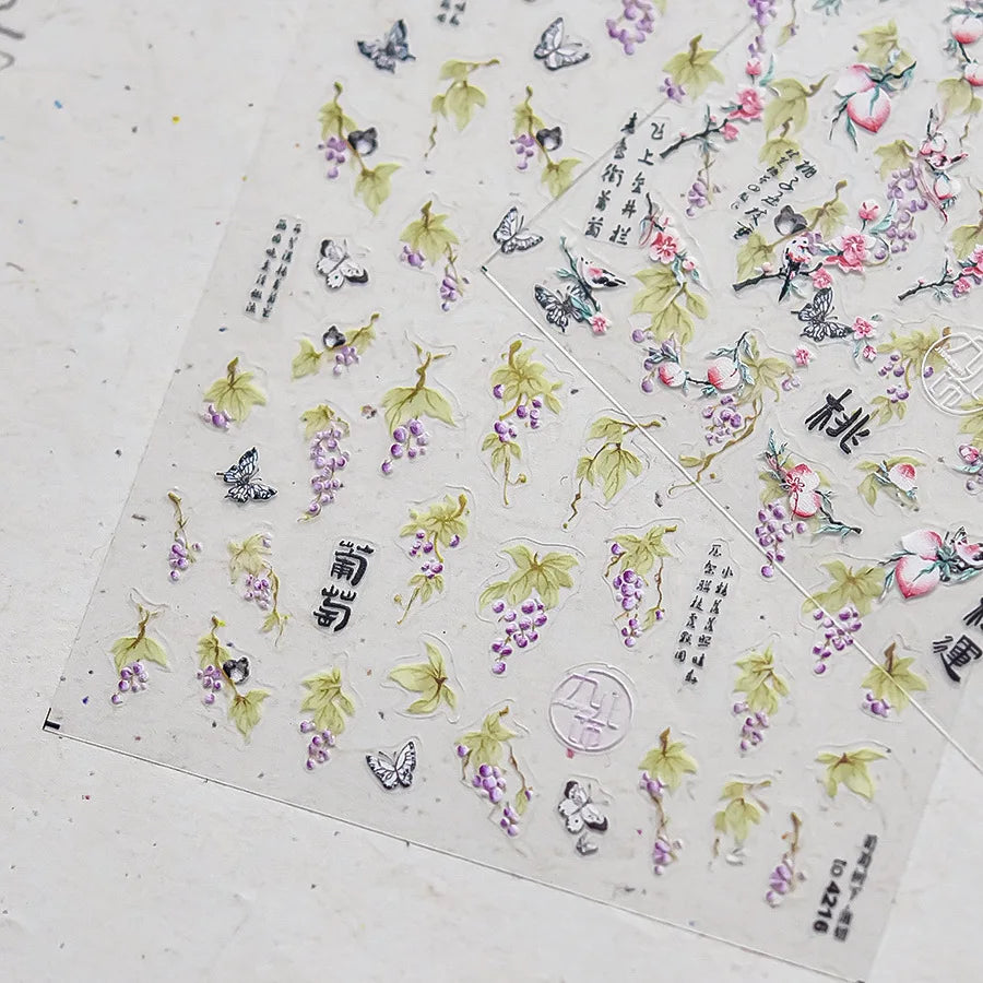 5D Chinese Floral Camellia & Peach Blossom Nail Stickers Nail Art Stickers QXL