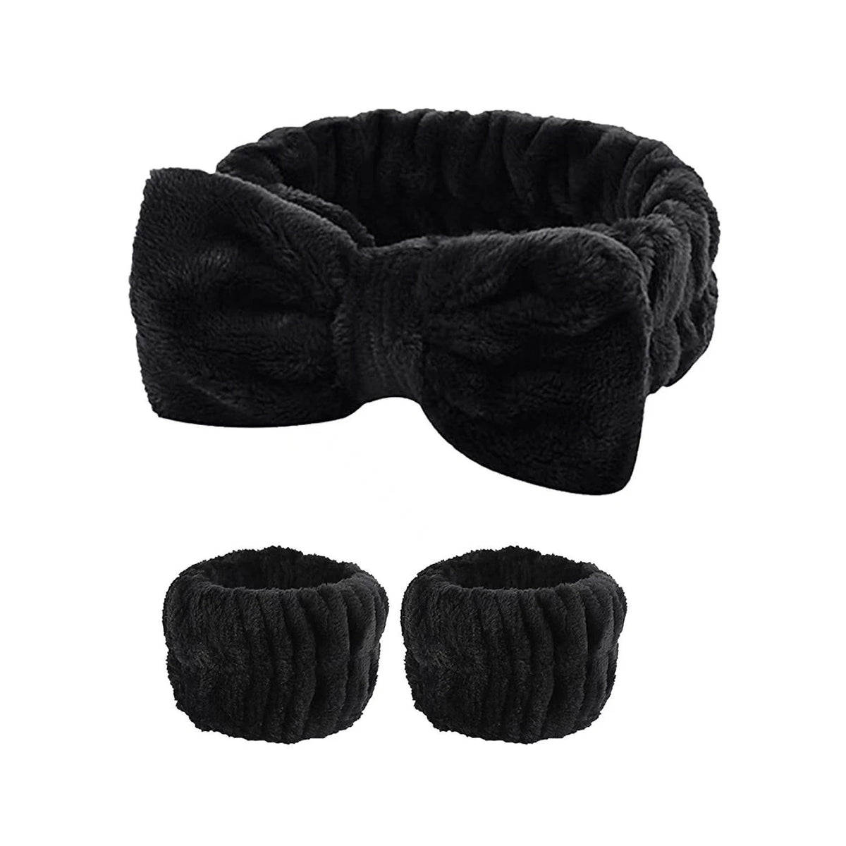 3-Piece Skincare Headband & Wristband Set | Bow Hair Band Skincare Headband Set QXL black