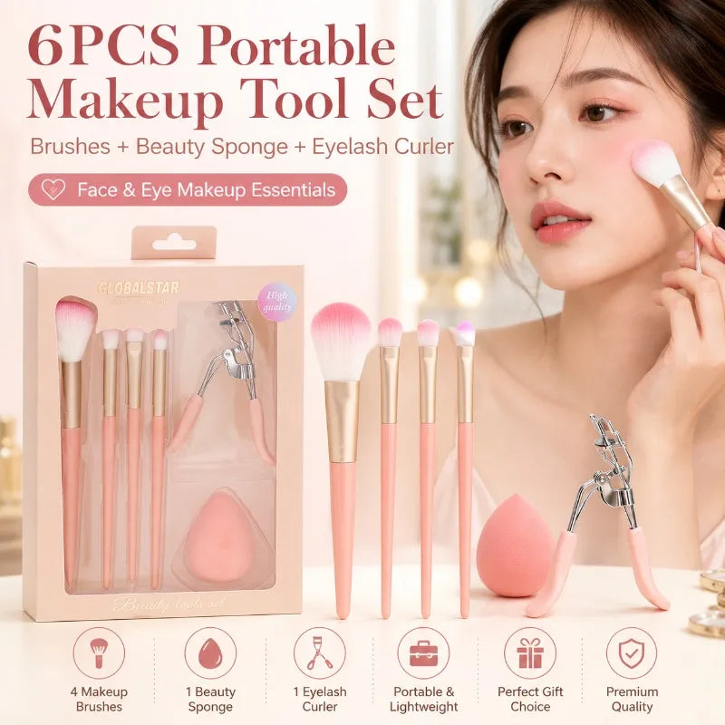 6-Piece Makeup Brush Set with Sponge & Eyelash Curler Makeup Brush Set QXL