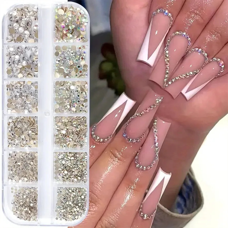 1440-Pc AB & White Glass Nail Rhinestones | 12-Grid Mixed Set Nail Rhinestone Set QXL