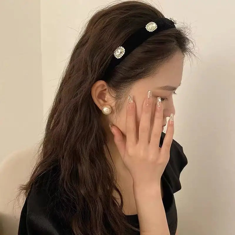 Black Plush Pearl Bow Headband | Warm Hair Hoop for Women Fashion Headband QXL