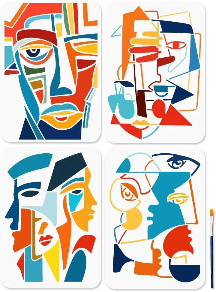 4-Pack A4 Abstract Face Art Stencils with Brush | Reusable PET Art Stencil Set QXL AECH04-14125