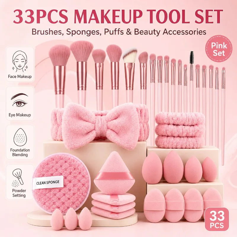 33-Pc Makeup Brush & Sponge Kit | Puffs, Headband & Wristbands Makeup Tool Set QXL