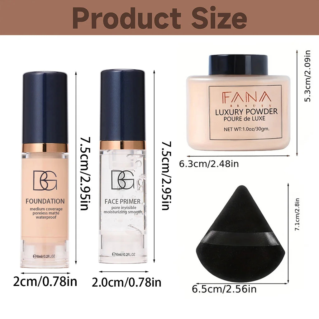 4-Pc Face Makeup Set | Primer, Foundation, Powder & Puff Face Makeup Set QXL