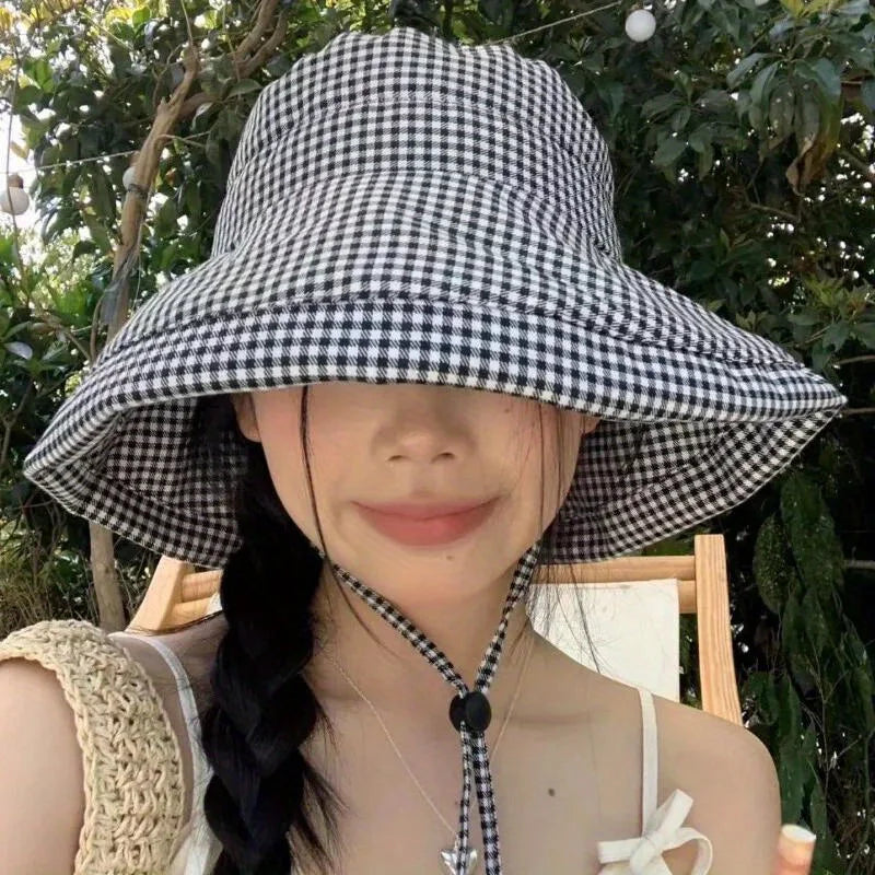 Women's Houndstooth Wide Brim Bucket Hat | Summer Beach Sun Hat Wide Brim Bucket Hat QXL Black White