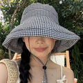 Women's Houndstooth Wide Brim Bucket Hat | Summer Beach Sun Hat Wide Brim Bucket Hat QXL Black White