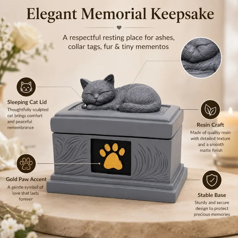 Resin Pet Memorial Urn Box | Sleeping Cat Lid & Gold Paw Pet Memorial Urn QXL