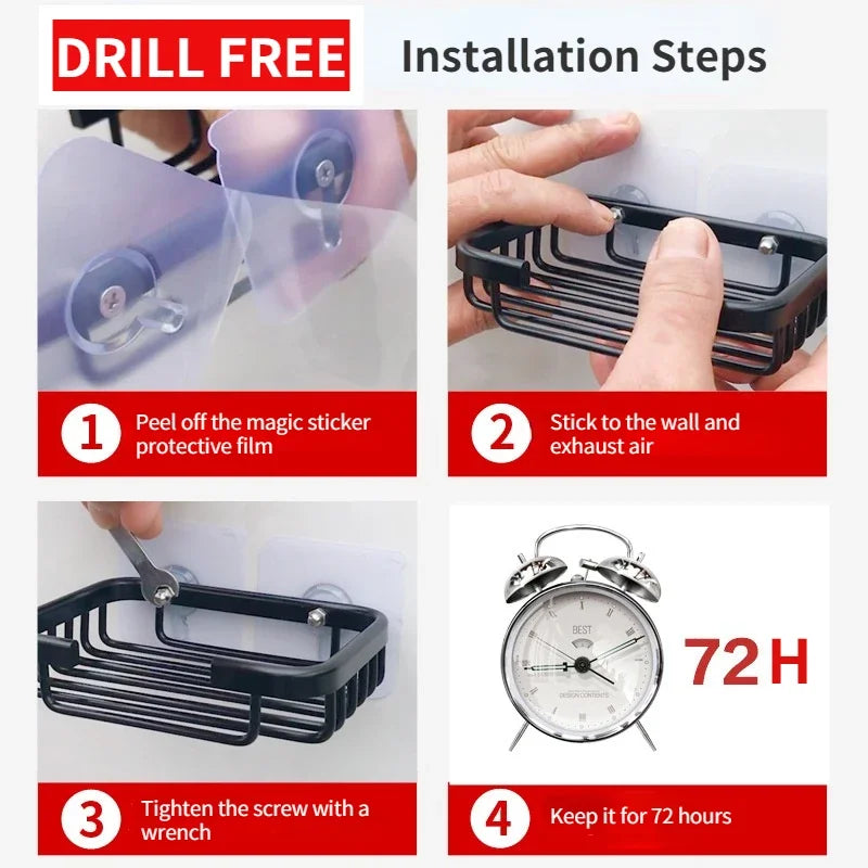 Drill-Free Wall-Mount Aluminum Soap Dish with Drainage | Black Soap Dish Holder QXL
