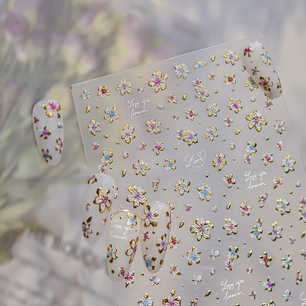 5D Floral Nail Stickers – Pink Blue Gradient & Gold Decals Nail Art Stickers QXL