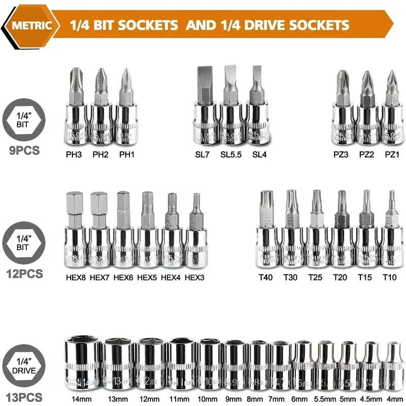 46-Piece 1/4" Drive Socket Ratchet Wrench Set | Metric & Bit Socket Wrench Set QXL