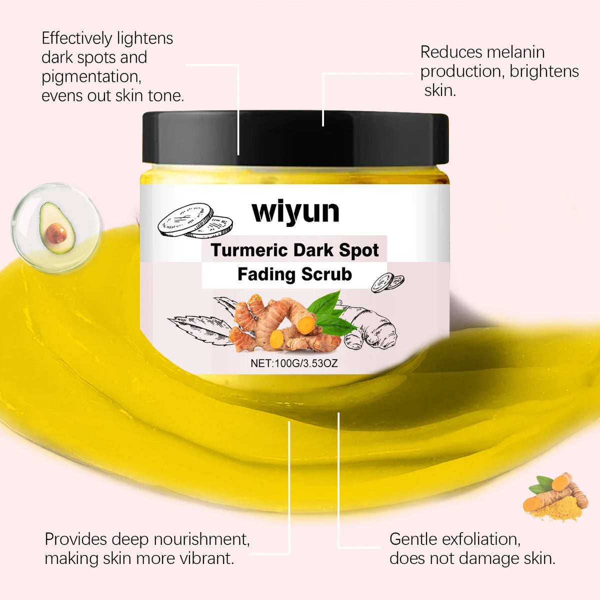 WIYUN Turmeric Face & Body Scrub – Brightening Exfoliant 100g Exfoliating Face Scrub QXL