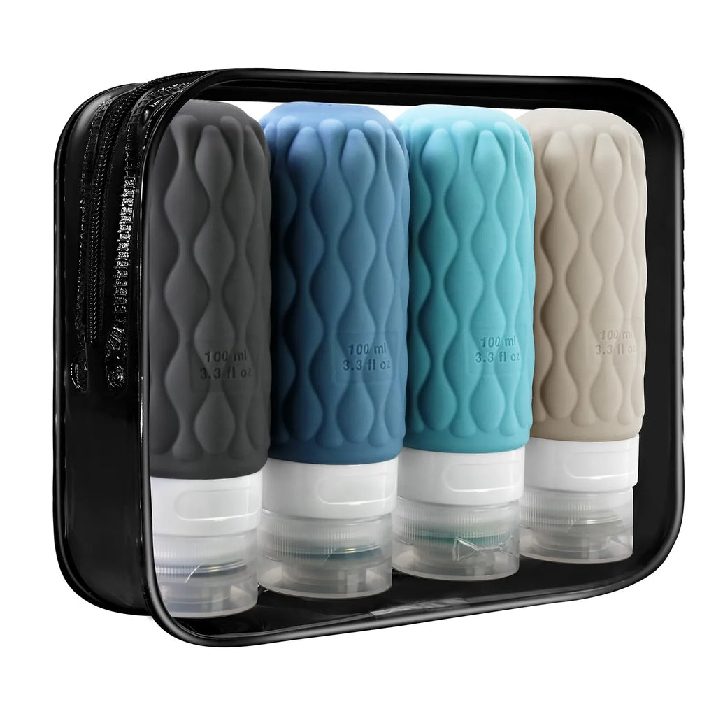 4-Pack 100ml Leak-Proof Silicone Travel Bottles + Toiletry Bag Travel Bottle Set QXL
