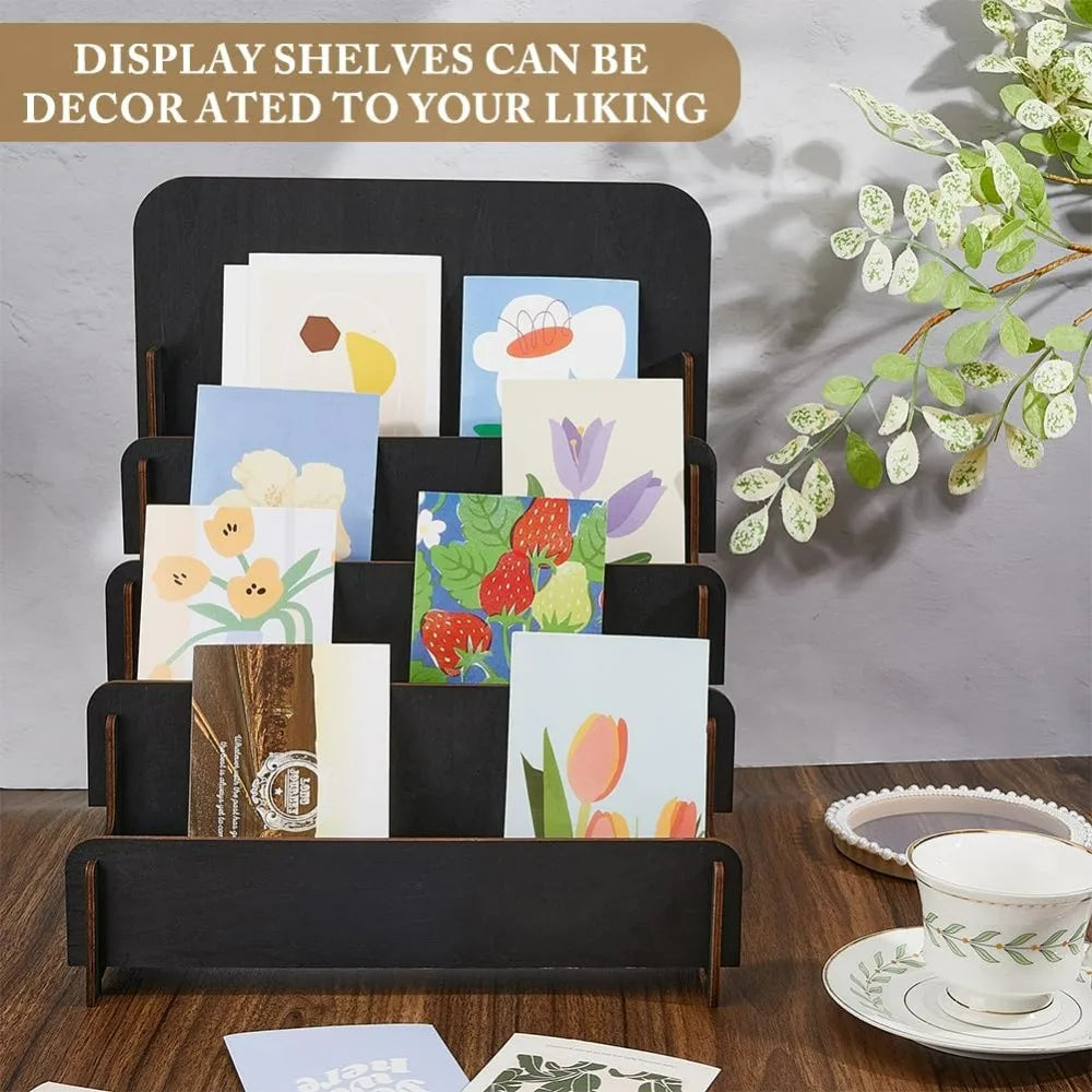 4-Tier Wooden Greeting Card & Brochure Display Stand – Black Card Display Stand QXL