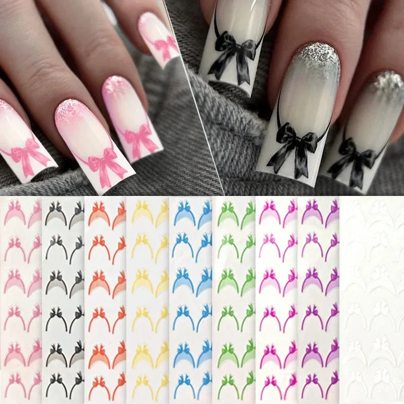 5D Gradient French Nail Stickers | Bowknot & Stripe Decals Nail Art Stickers QXL