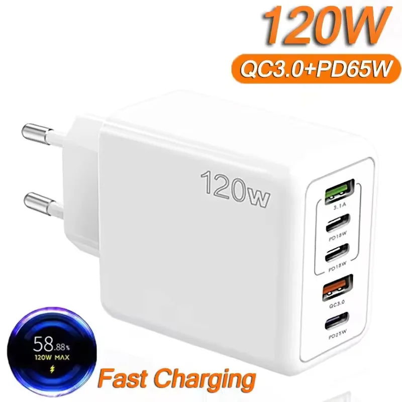 120W 5-Port USB-C PD Fast Charger | QC 3.0 Wall Adapter USB-C Wall Charger QXL