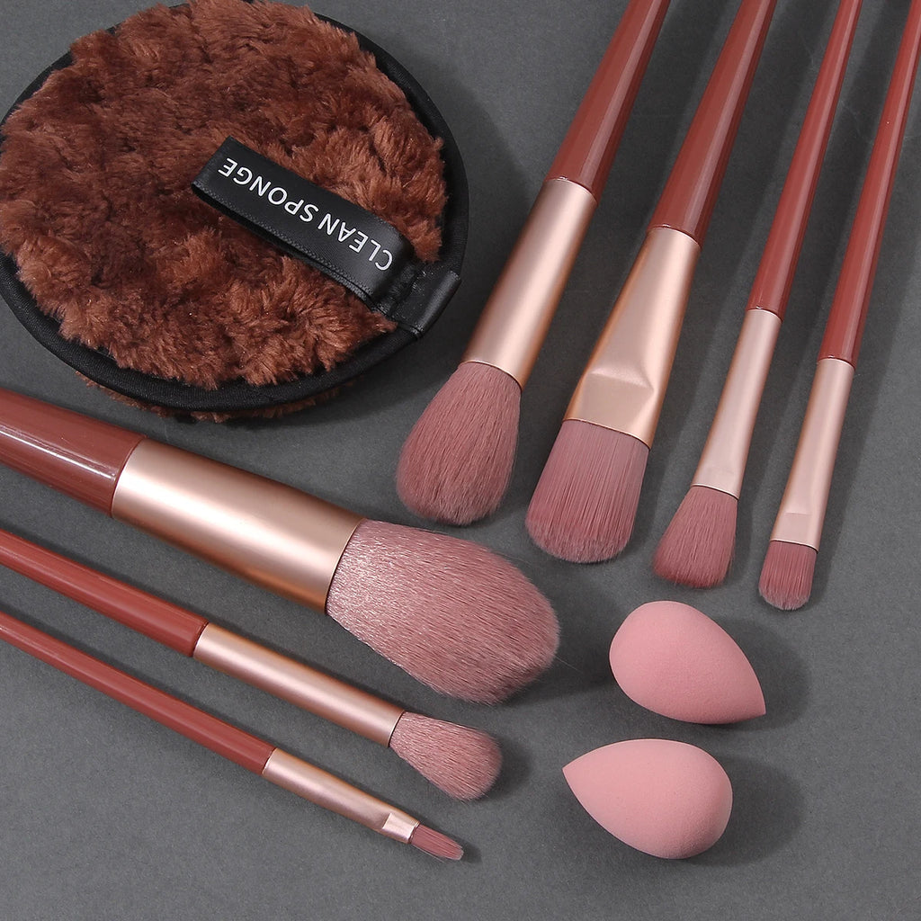 10-Piece Portable Makeup Brush Set with Sponge Pads – Burgundy Makeup Brush Set QXL