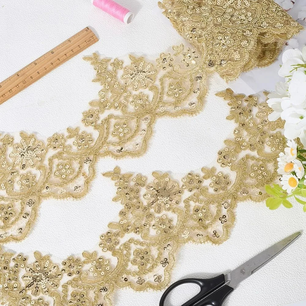 Gold Venice Lace Trim 3 Yards | Sequin Flower Embroidery Ribbon Lace Trim Ribbon QXL