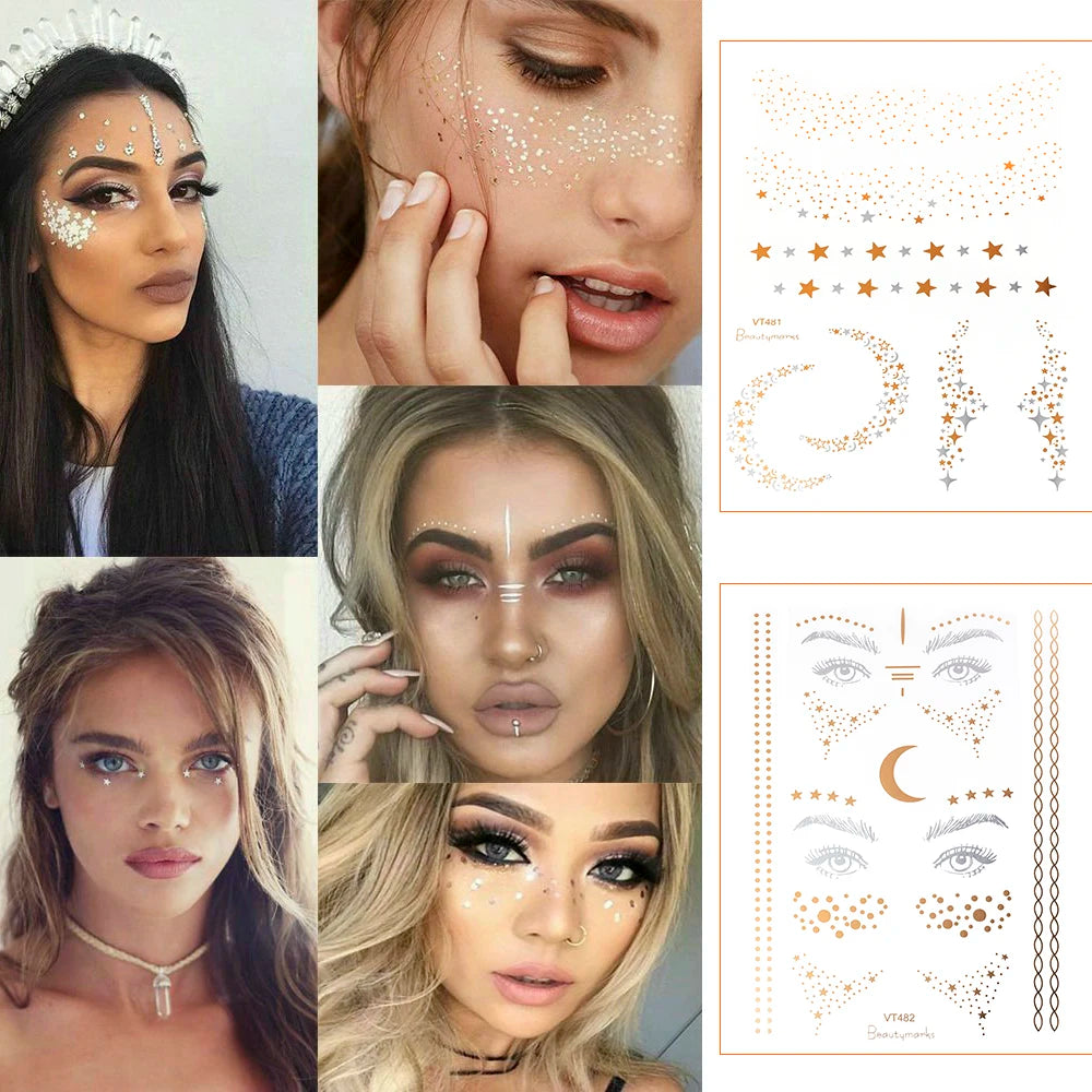 Golden Face Temporary Tattoo Sticker | Festival Eye Decal Temporary Face Tattoo QXL