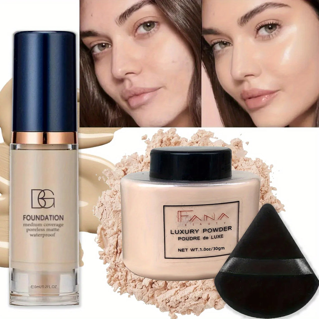 3-Pc Full Coverage Foundation, Oil-Control Powder & Puff Set Foundation Makeup Set QXL