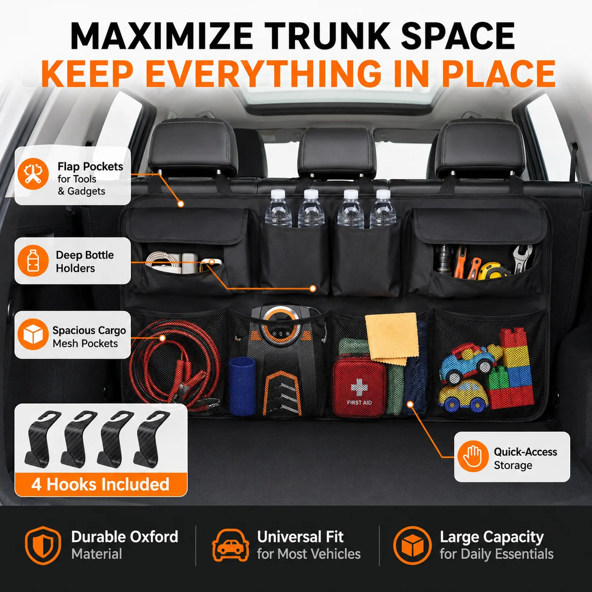 Car Seat Back Organizer – Trunk Bag with Mesh Pockets & Hooks Car Trunk Organizer QXL