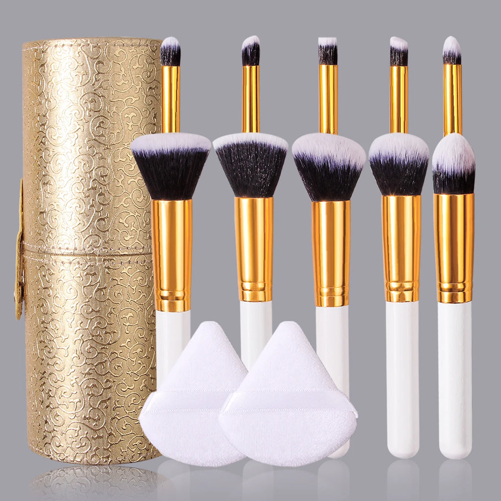 13-Pc Makeup Brush Set | Wood Handle, Sponge & Storage Bucket Makeup Brush Set QXL Ivory