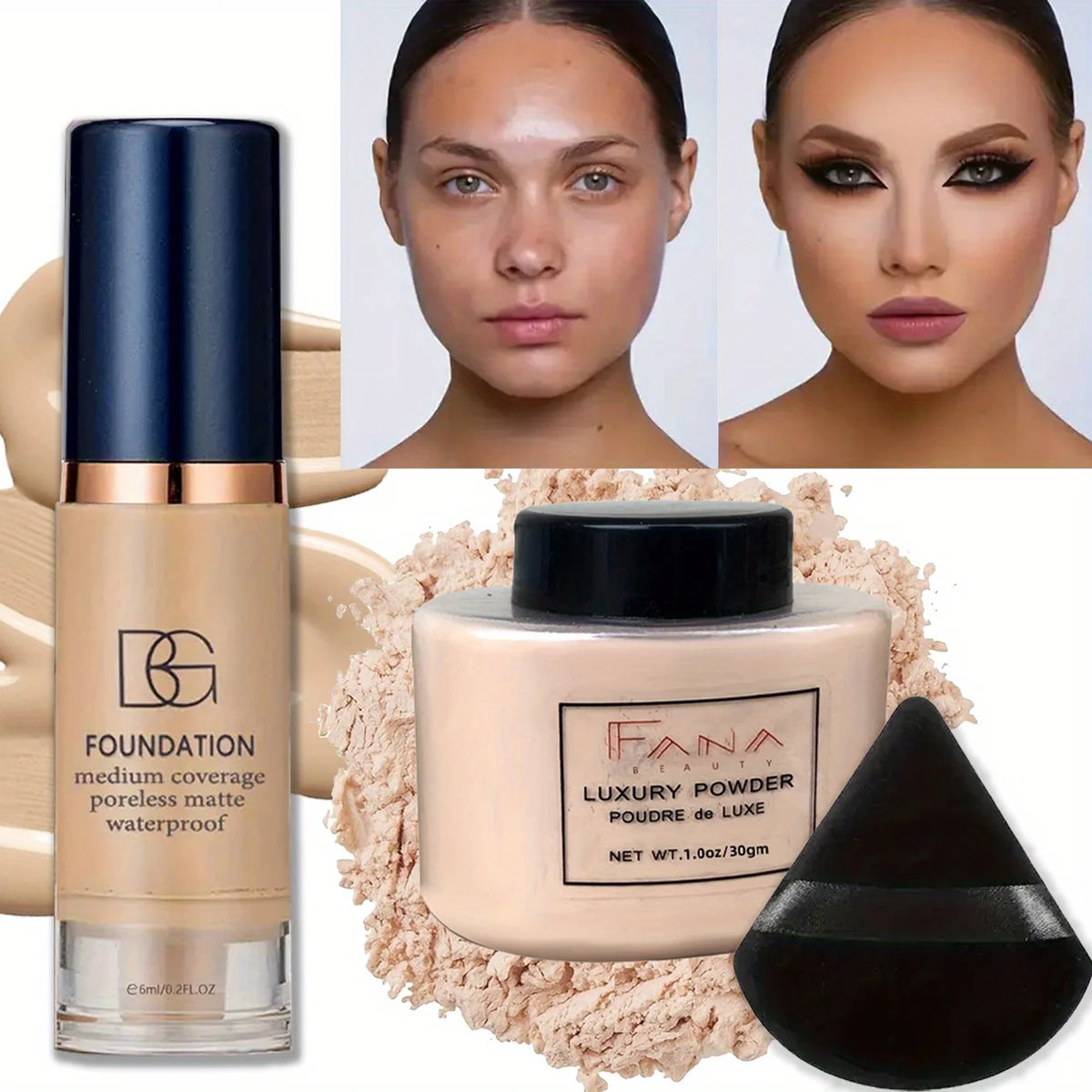 3-Pc Full Coverage Foundation, Oil-Control Powder & Puff Set Foundation Makeup Set QXL